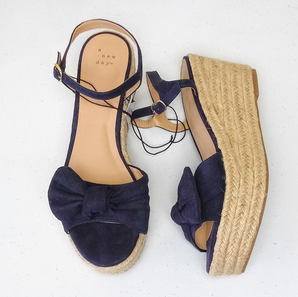 A New Day Happy Bow Espadrille NAVY Wedge NEW